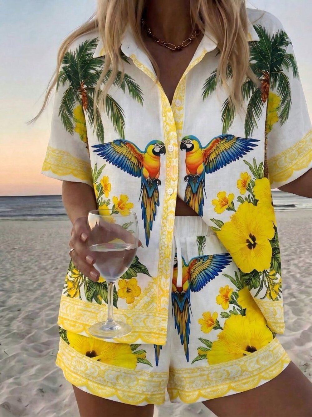 Light Yellow Boho Women's Coconut Floral Print Top and Shorts Set